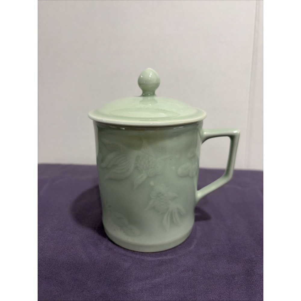 Vintage Chinese Longquan Celadon Lidded Tea Mug Koi Fish Circa Late 20th C